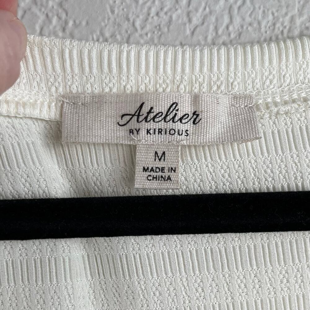 Atelier by Kirious Cream Short Sleeve Texture V-Neck Babydoll Knit Blouse Medium - Picture 3 of 13